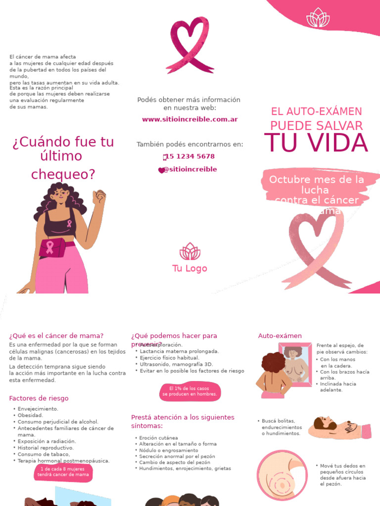 Triptico Cáncer de Mama Ilustrado Colorido Rosa Fucsia Marron ...