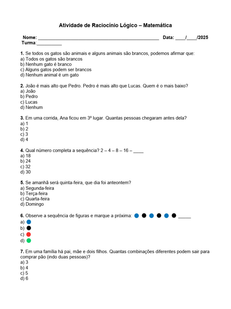 Atividade de Raciocínio Lógico em Matemática | PDF