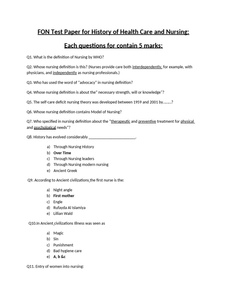FON Test Paper For History of Health Care and Nursing | PDF | Health ...