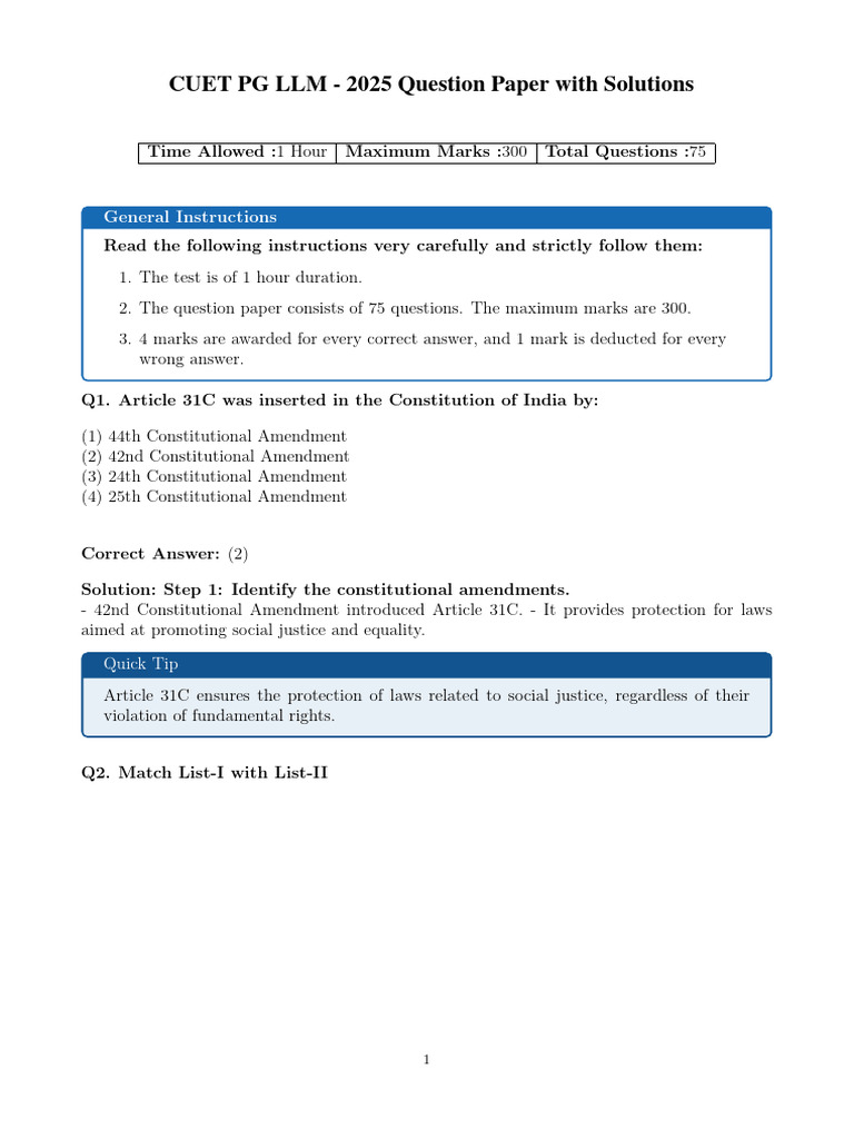 CUET PG LLM 2025 Question Paper & Solutions | PDF | Mortgage Law ...