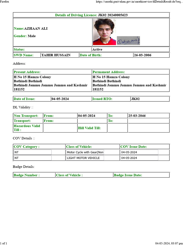 Driving Licence Details for Azhaan Ali | PDF