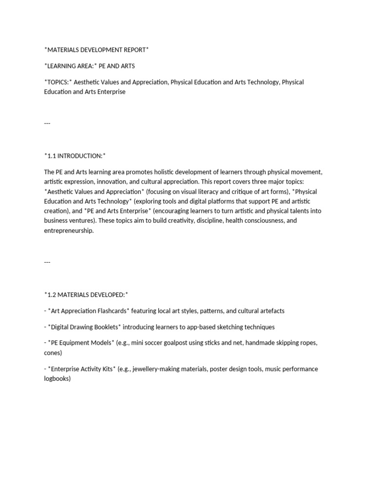 PE and Arts Materials Development Report | PDF
