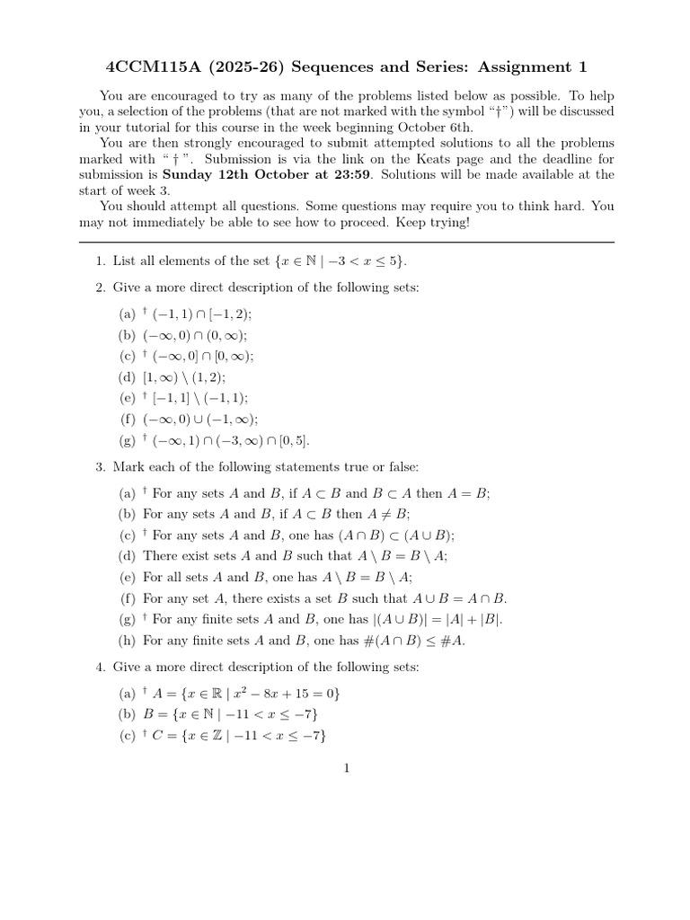Sequences and Series Assignment 1 Guide | PDF