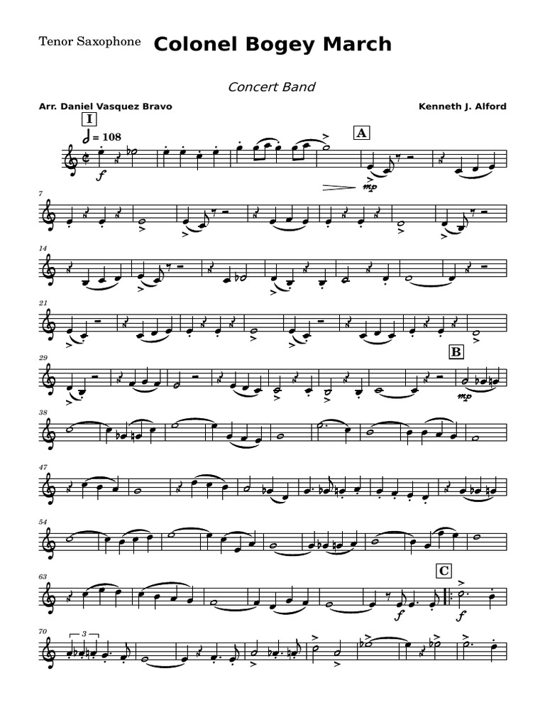 Colonel Bogey March Kenneth J. Alford-Tenor Saxophone | PDF | March Music