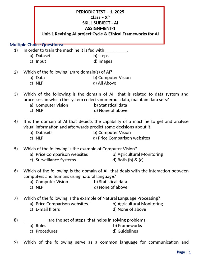 AI Project Cycle & Ethics MCQs for Class X | PDF | Artificial ...