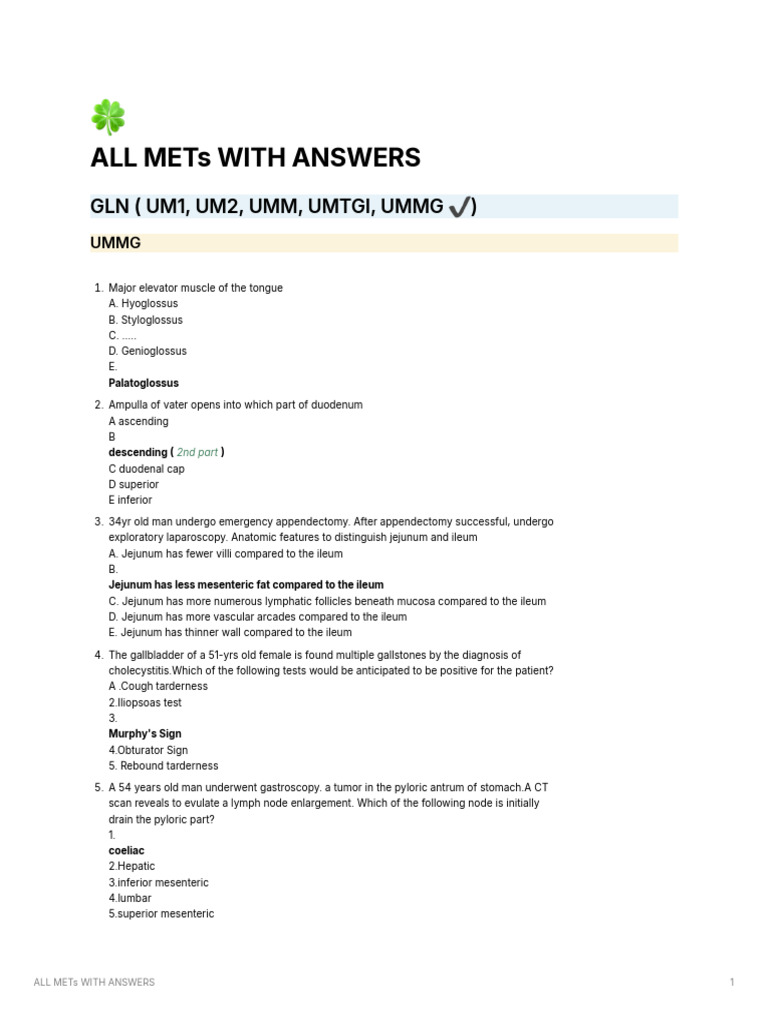 Comprehensive METs Answers Guide | PDF | Stomach | Gastroenterology