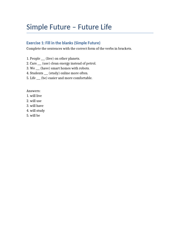 Simple Future Tense Exercises for Students | PDF