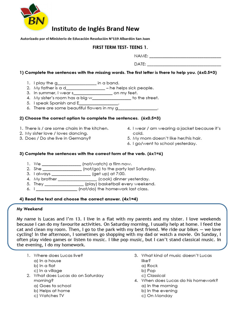 First Term English Test for Teens 1 | PDF