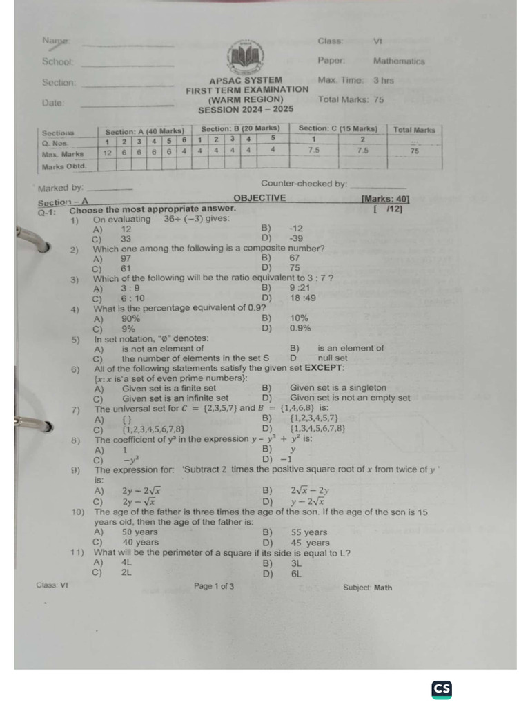Mathematics GraDe VI SampLe PapeR | PDF