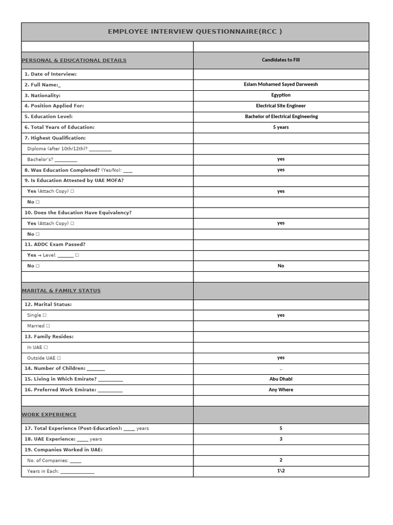 Intervew Form For New Employee | PDF | United Arab Emirates