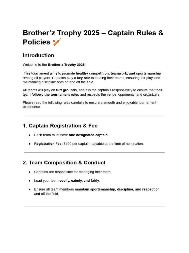 Brother'Z-Tophy 2025 Captain Rules Policies | PDF | Sports