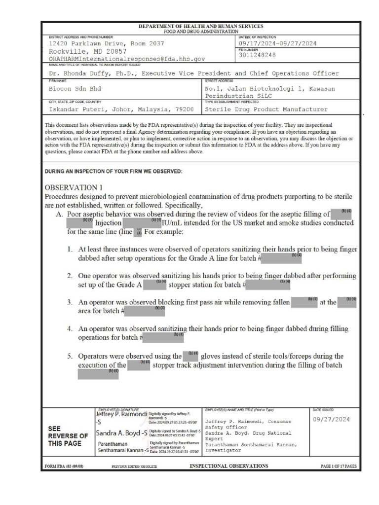 Biocon SDN BHD Johor Malaysia 9.27.24 483-1 | PDF | Food And Drug ...