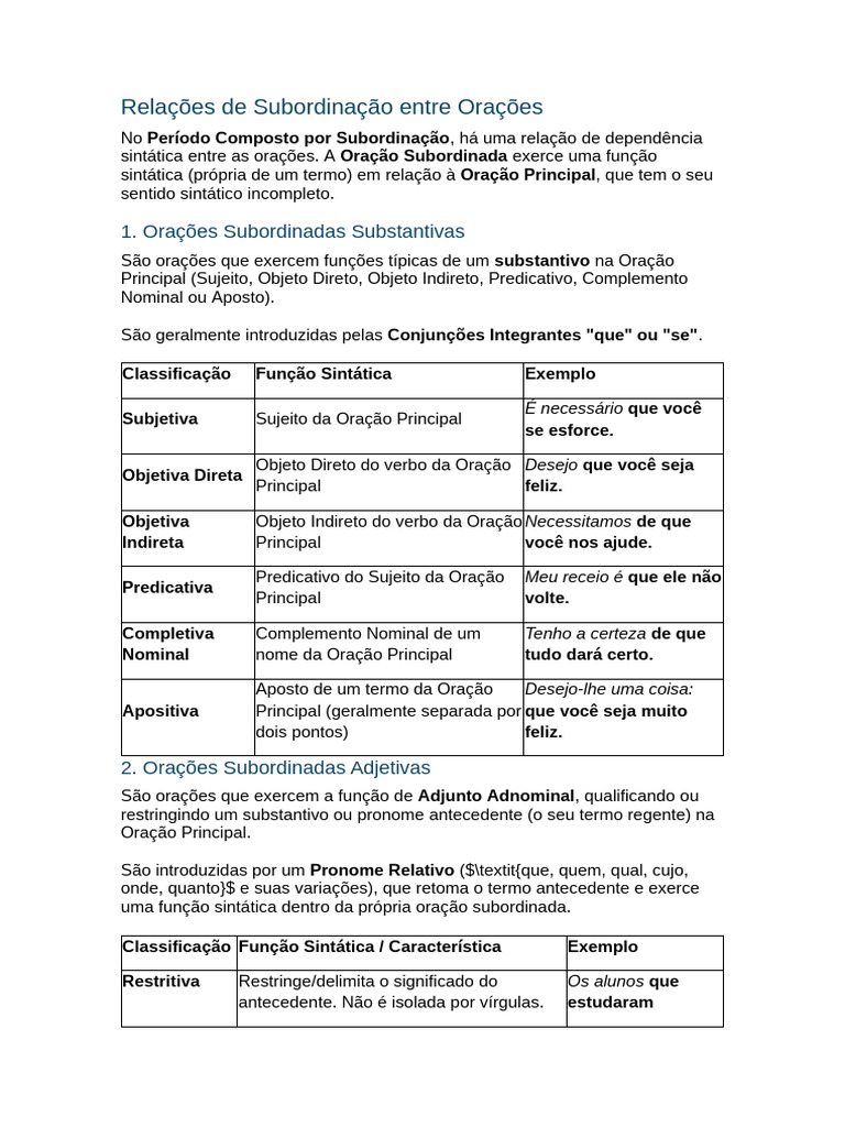 Relações de Subordinação em Orações | PDF | Famílias linguísticas ...