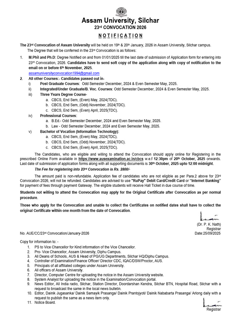 Assam University 23rd Convocation 2026 | PDF