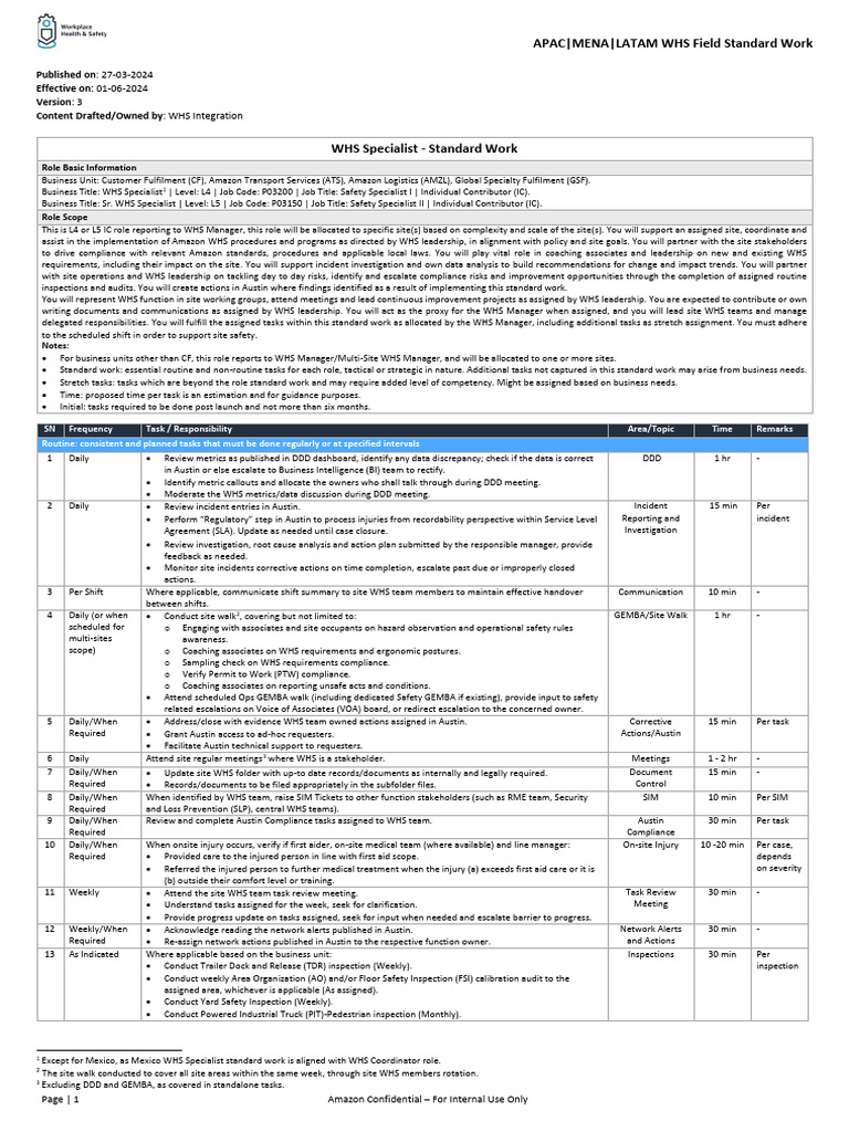 WHS Specialist Standard Work Guidelines | PDF | Risk Assessment | Risk