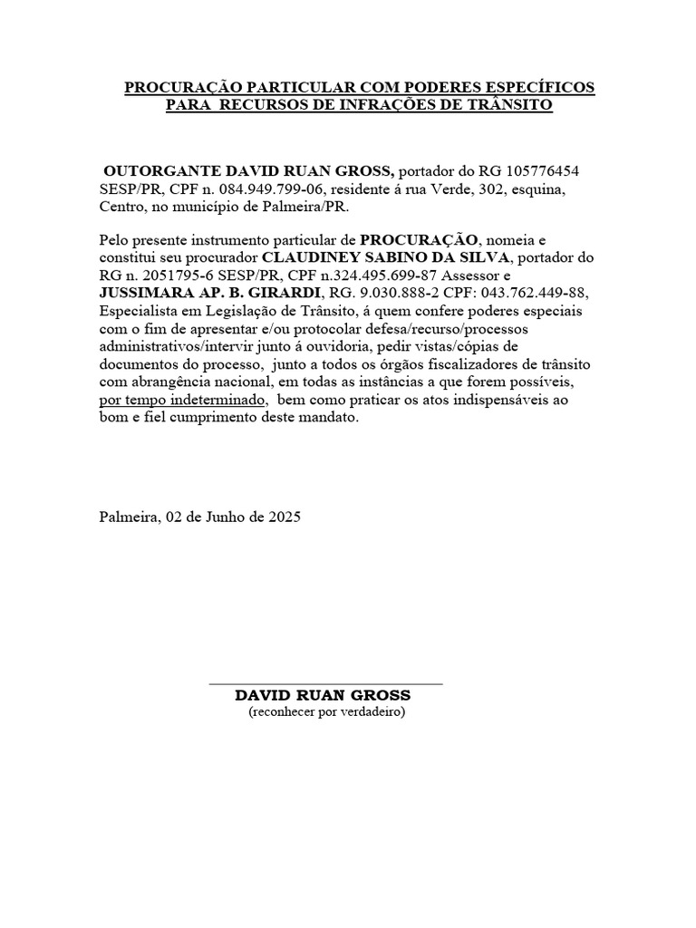 David Ruan Gross-Procuração Particular Com Poderes Específicos para ...
