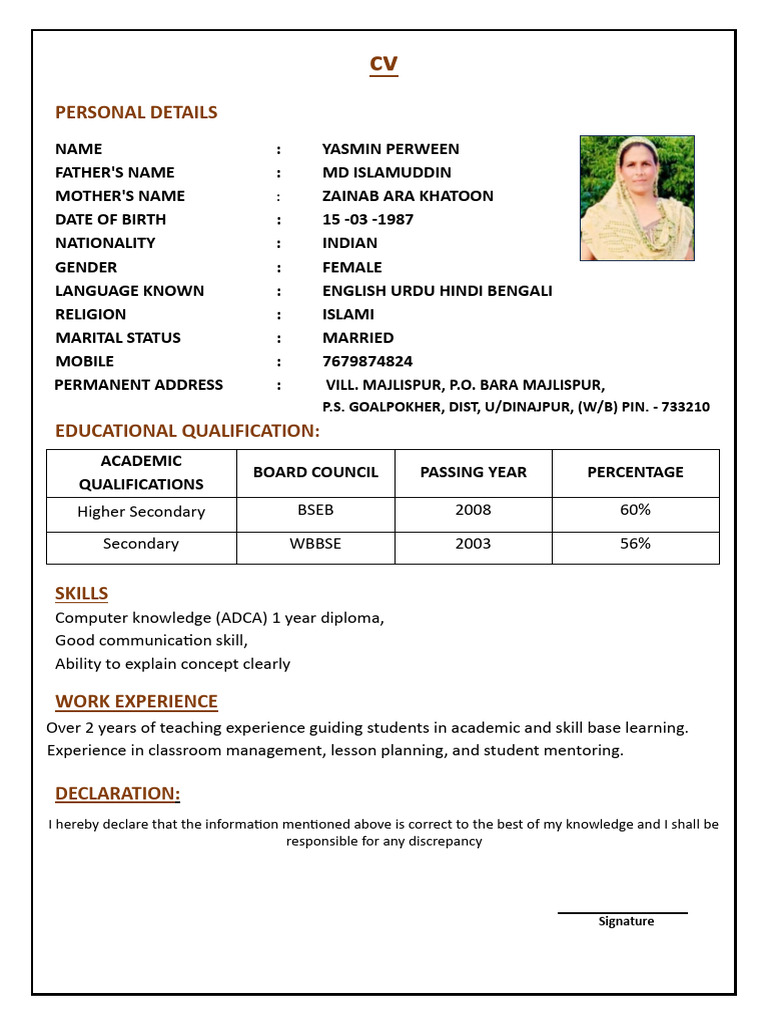 Yasmin Perween CV and Qualifications | PDF