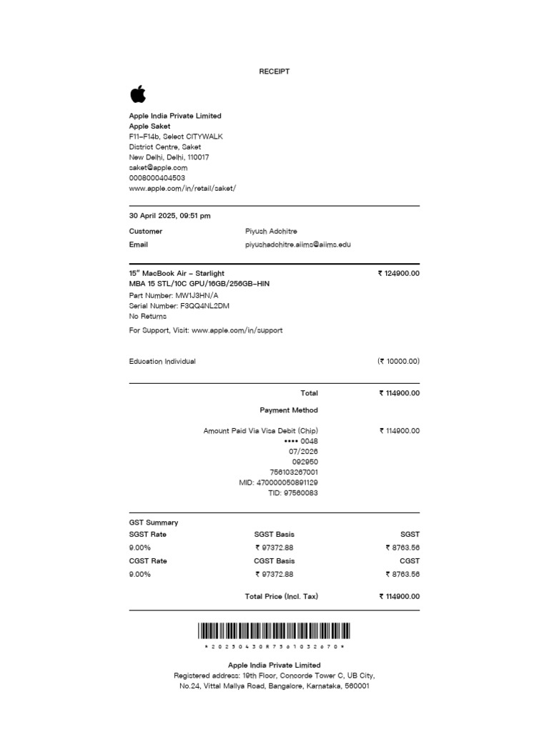 Apple MacBook Air Purchase Receipt | PDF | Debit Card | Banking Technology
