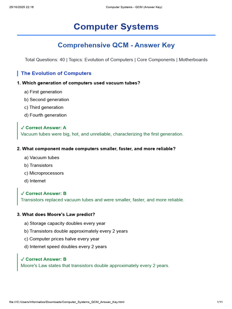 Computer Systems - QCM (Answer Key) | PDF | Computer Hardware ...