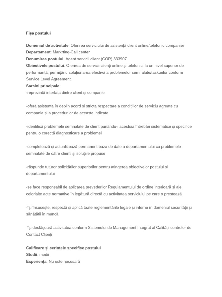 Fisa Post Call Center-Pirvan Andreea Cristina | PDF