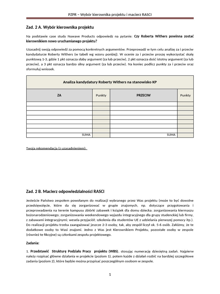 PZPR - Zad. 2 - Wybor KP + Macierz RASCI | PDF