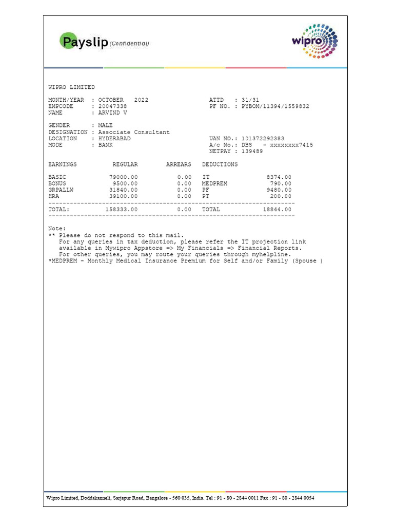 Wipro Salary Slip for Arvind V - Oct 2022 | PDF