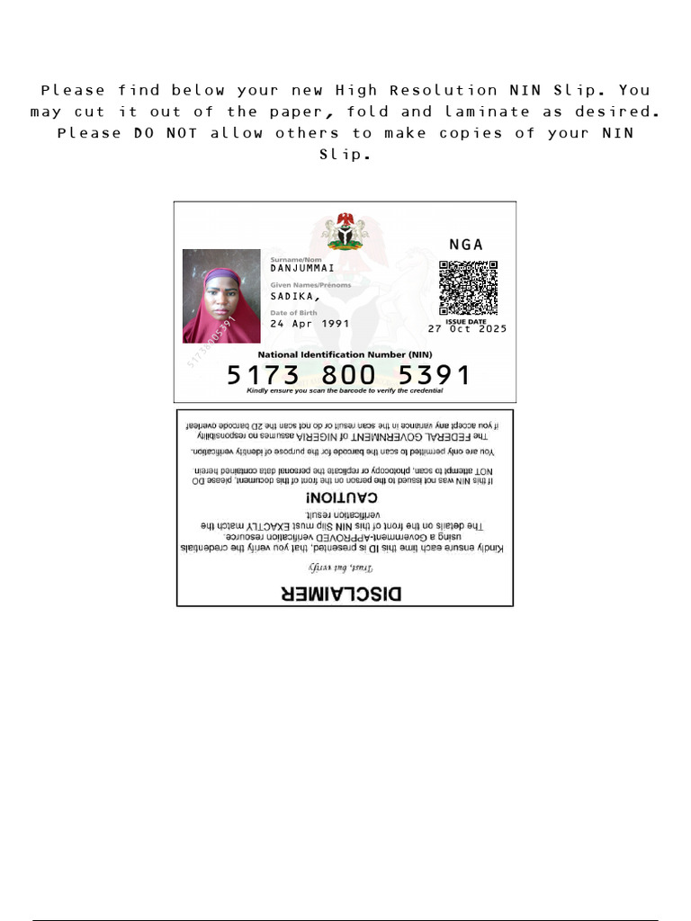 Standard NIN Slip - 51738005391 | PDF