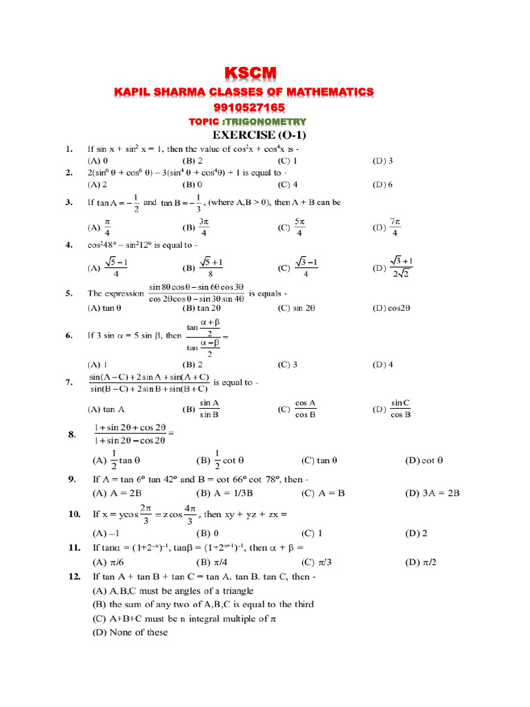KSCM Iit Trigonometry Assignment | PDF