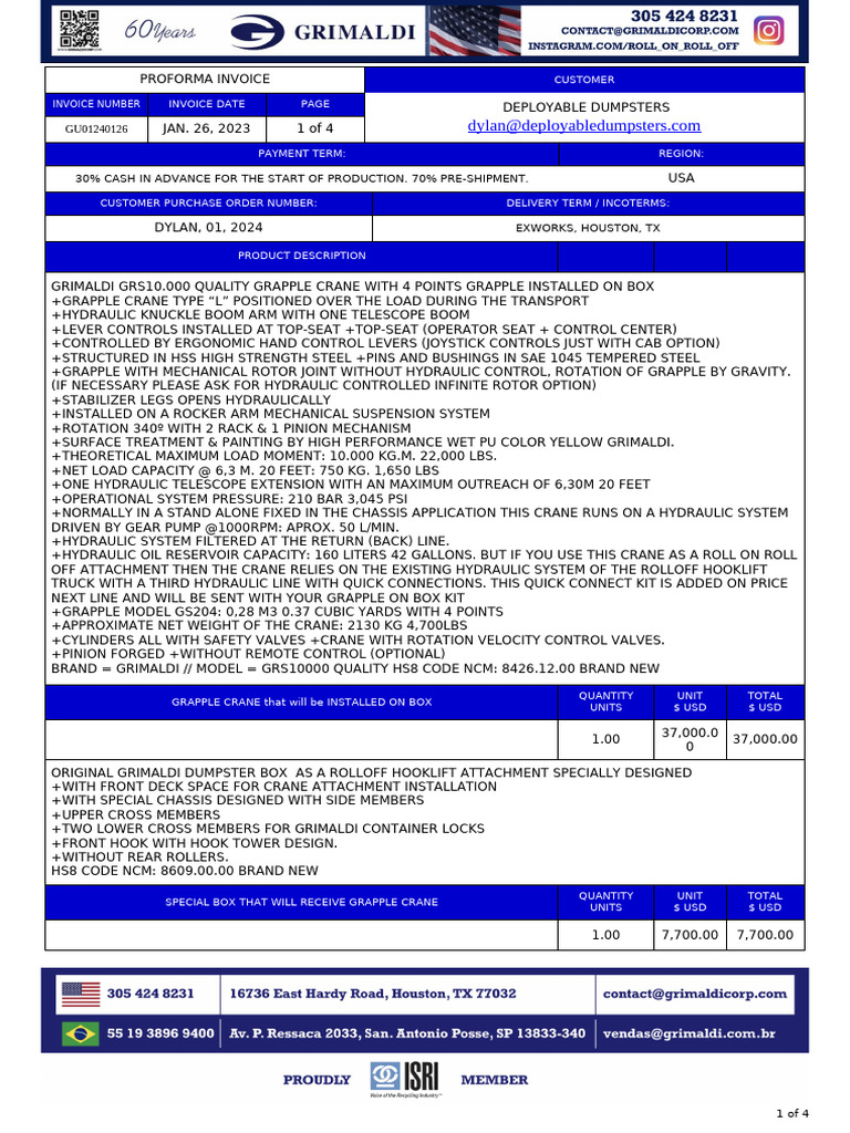 Proforma Invoice for Grapple Crane Equipment | PDF | Crane (Machine ...