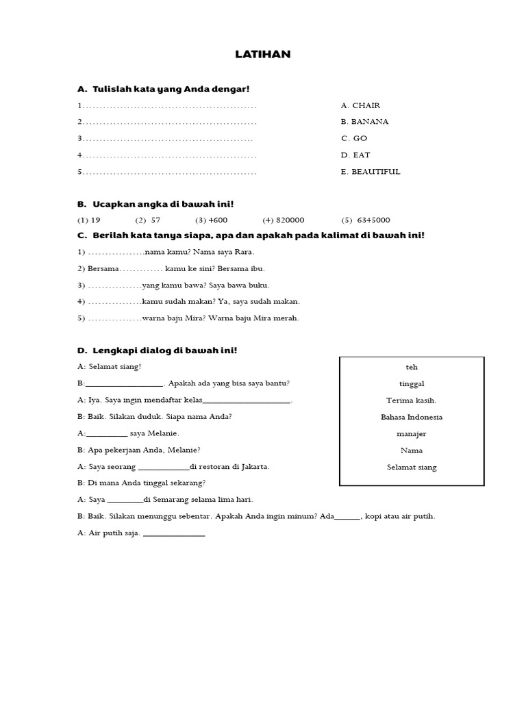 Latihan Bahasa Indonesia Dasar | PDF