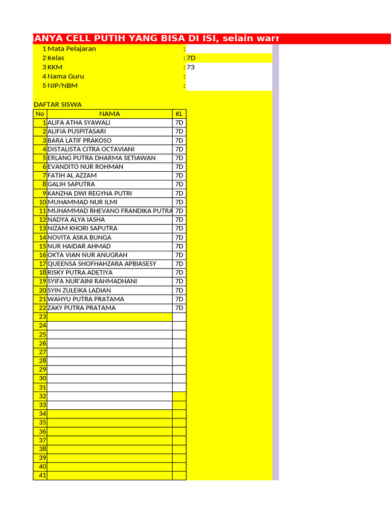 Daftar Siswa Kelas 7D dan Penilaian | PDF
