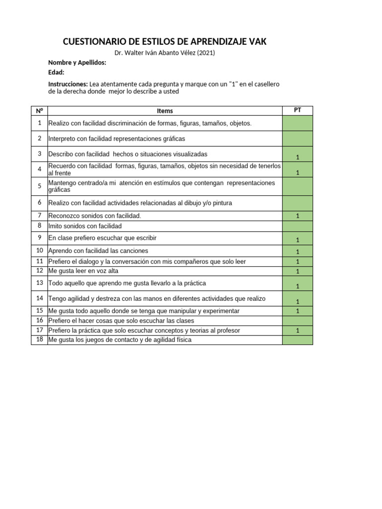 Test de Estilos de Aprendizaje VAK | PDF | Aprendizaje | Neurociencia