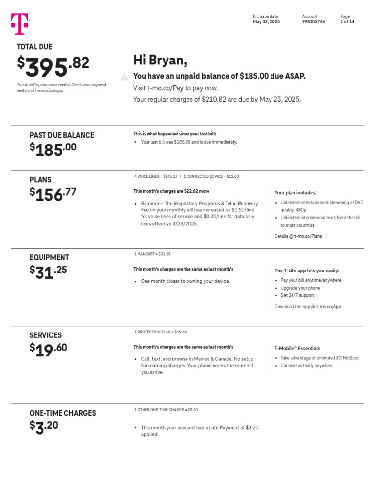 T-Mobile Bill Summary - May 2025 | PDF | T Mobile Us | Fee