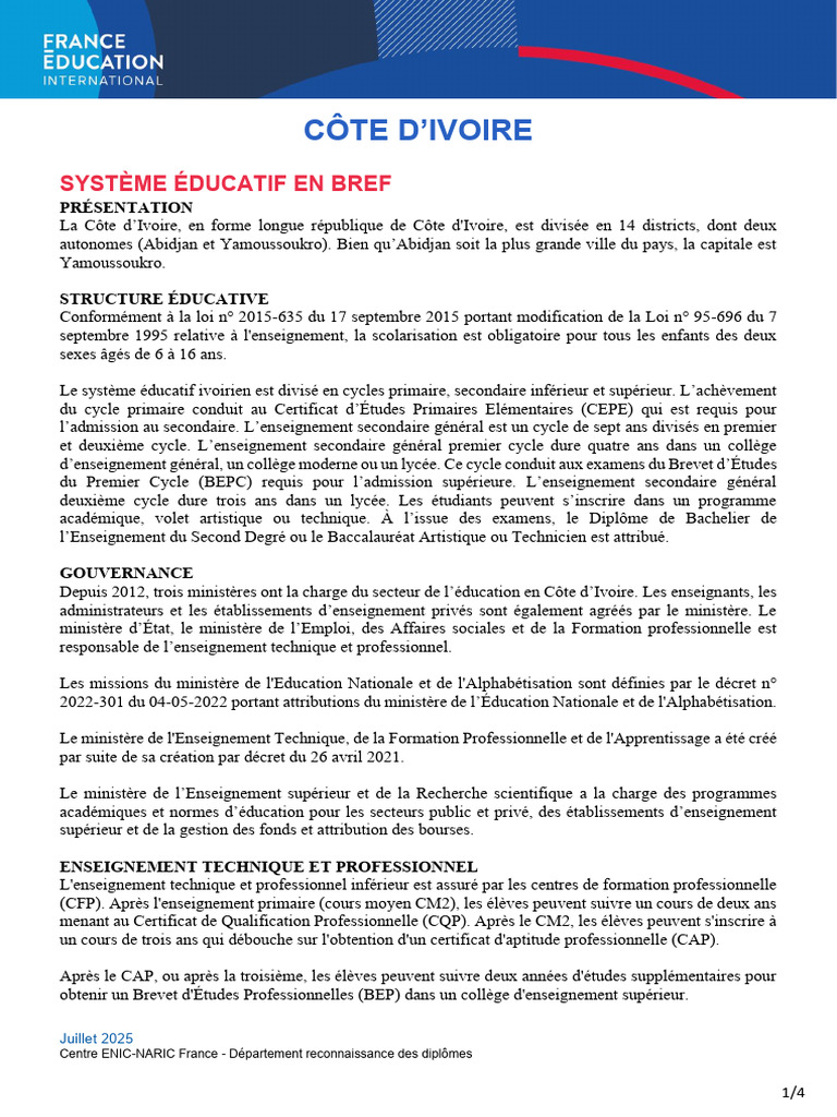 Système éducatif en Côte d'Ivoire 2025 | PDF | Doctorat | Enseignement ...
