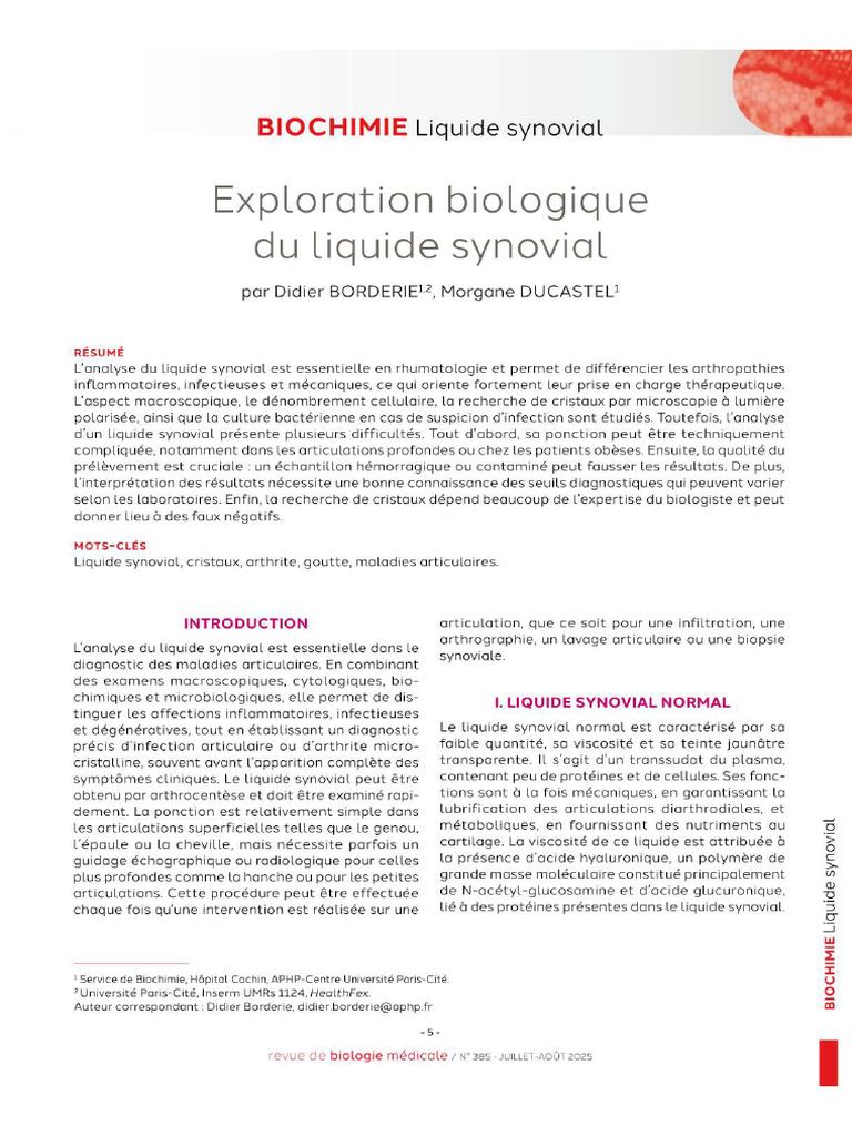 Exploration Biologique Du Liquide Synovial PDF