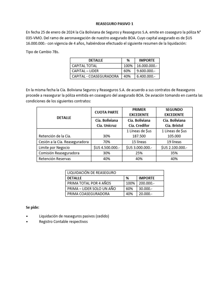 Liquidaciones de Reaseguro en Bolivia | PDF | Reaseguro | Póliza de seguros