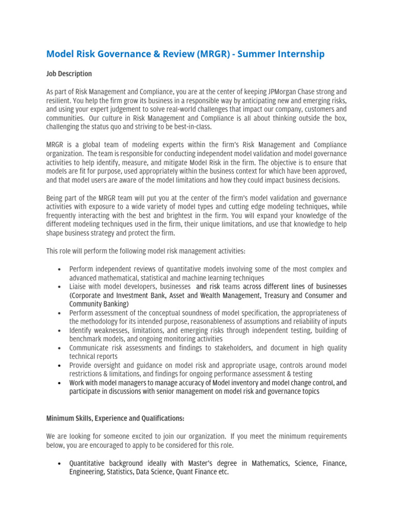JPMorgan Model Risk Governance Internship | PDF | Risk | Risk Management
