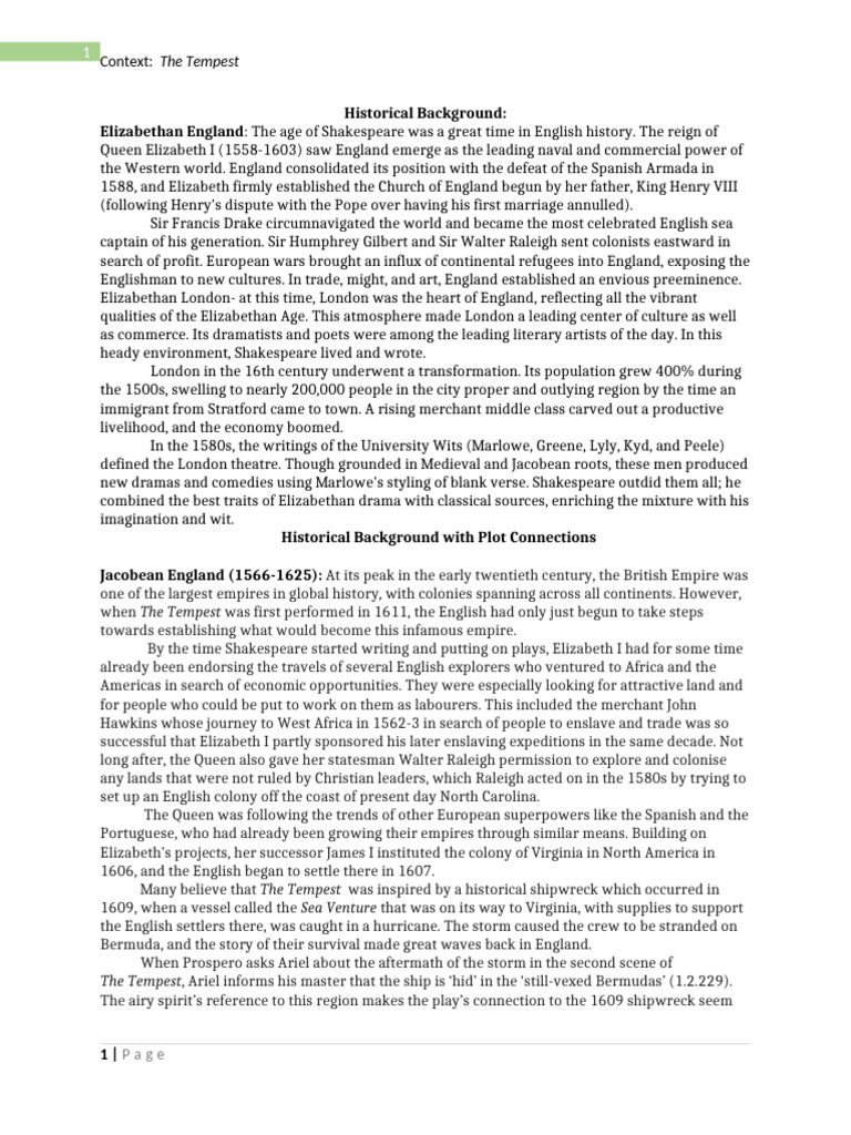 Historical Context of The Tempest | PDF | The Tempest | William Shakespeare