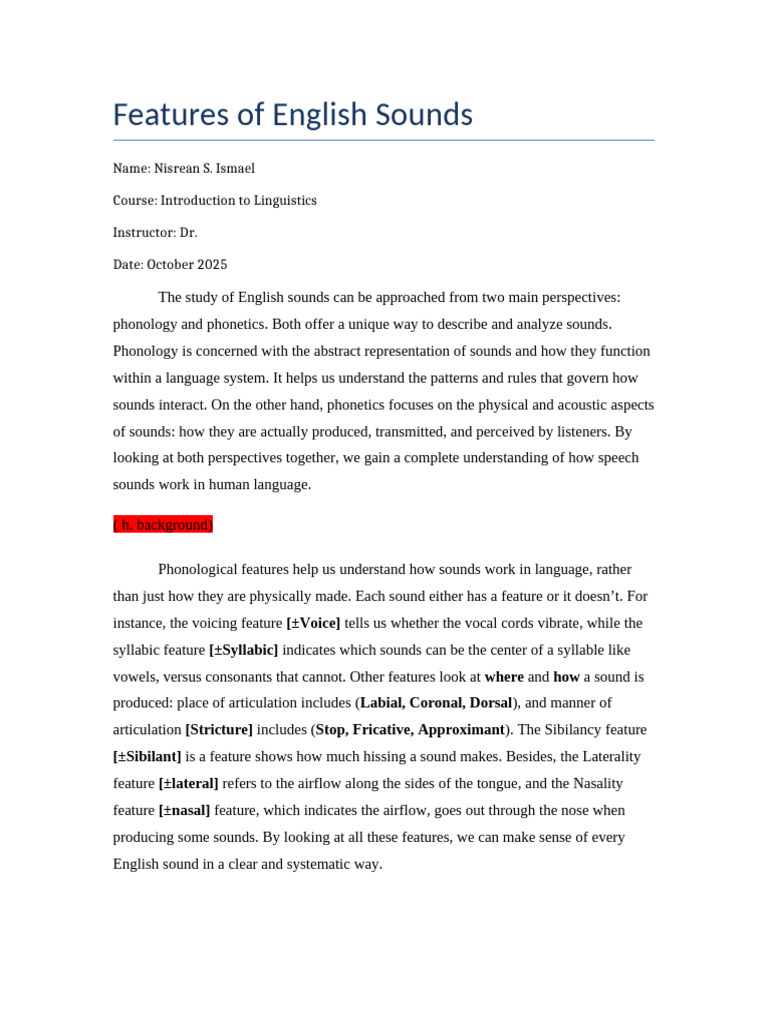 Features of English Sounds Descriptive Assignment | PDF | Phonetics | Vowel