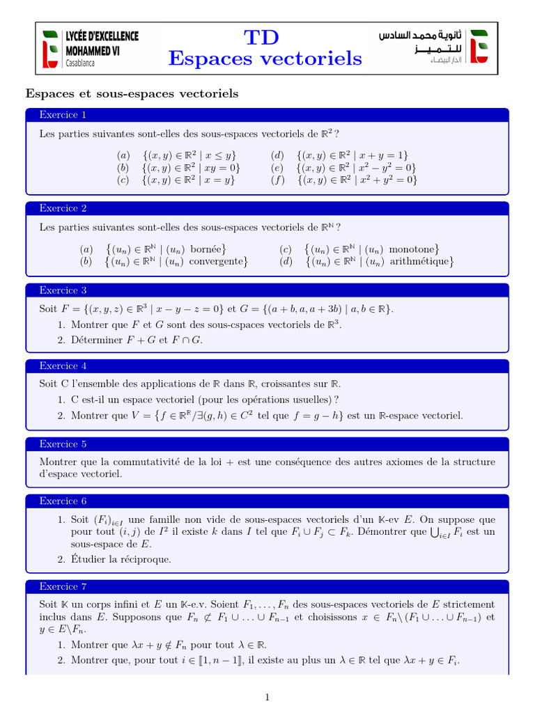 Sous-espaces vectoriels : exercices et démonstrations | PDF | Inclusion ...