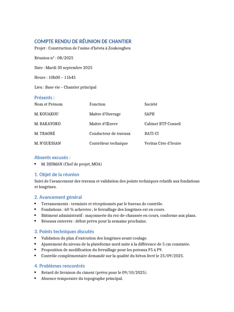Compte Rendu Réunion Chantier Hévéa | PDF