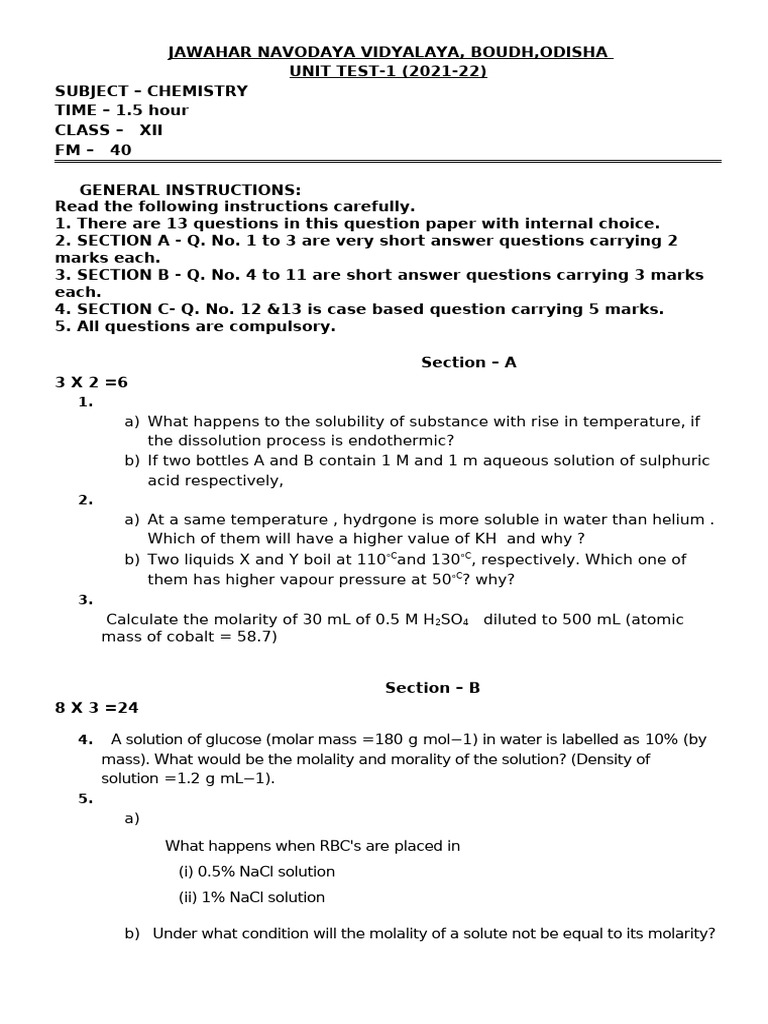 Chemistry Unit Test XII - JNV Boudh | PDF | Electrochemistry | Redox