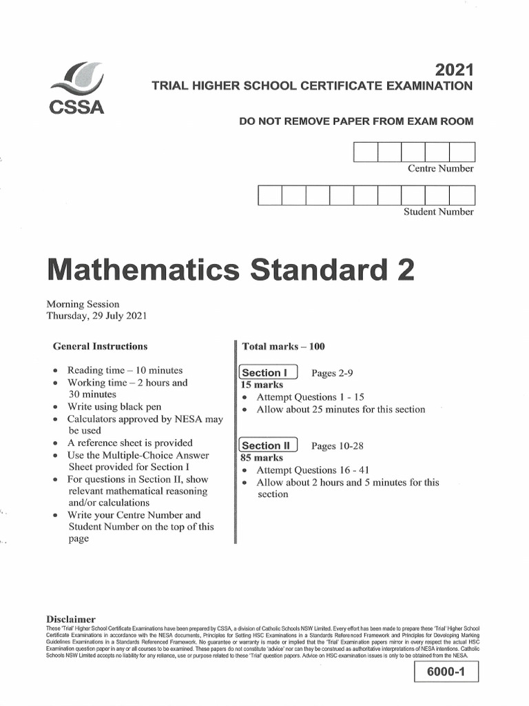 CSSA Mathematics Standard 2 Trial Examination 2021 | PDF