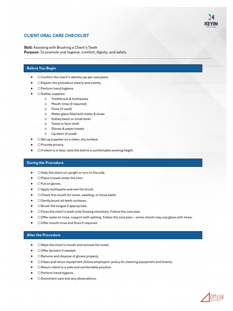 Client Oral Care Procedure Checklist | PDF