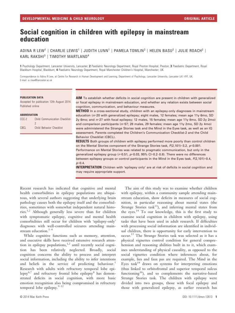 Social Cognition in Children with Epilepsy | PDF | Neuroscience ...