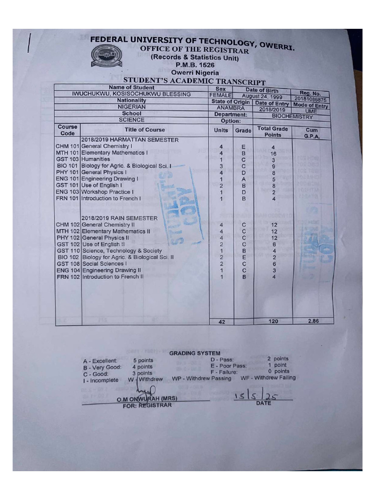 Academic Transcript - Kosisochukwu | PDF