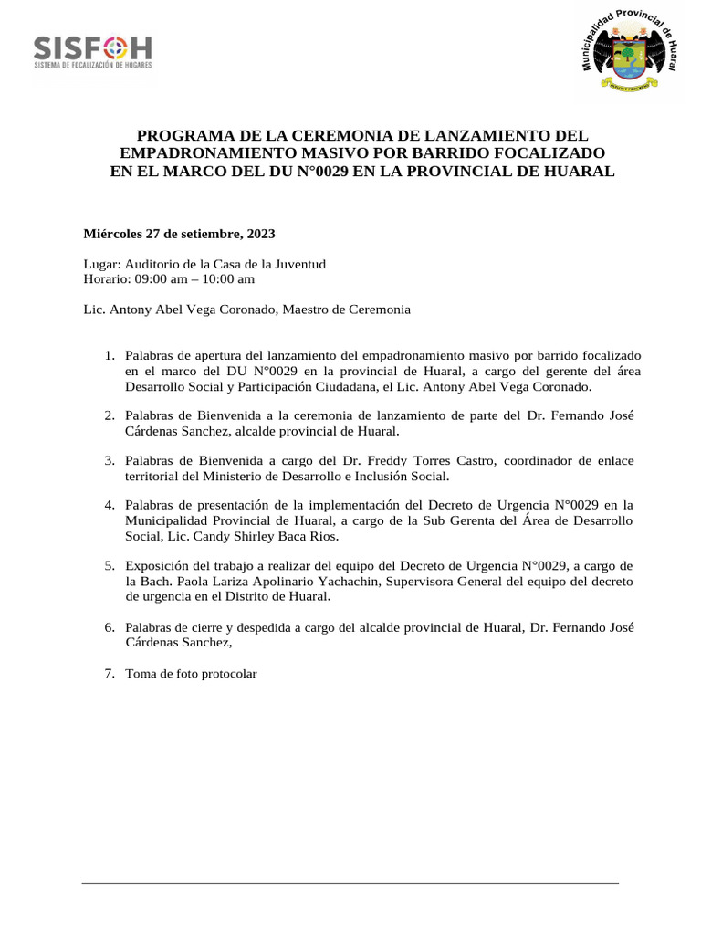 Programa de La Ceremonia de Lanzamiento Del DU N°0029 | PDF