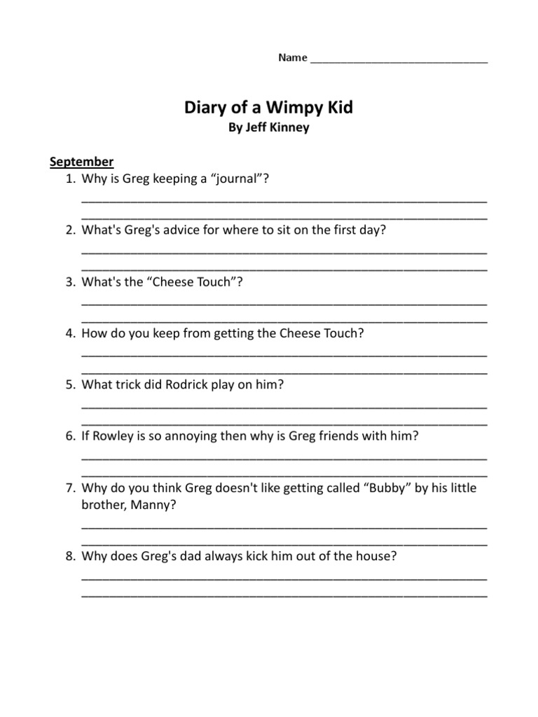 Comprehension Questions Diary Of A Wimpy Kid