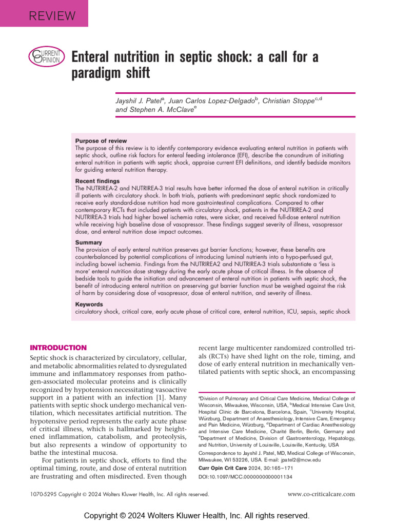 Enteral Nutrition in Septic Shock: A Call For A Paradigm Shift | PDF ...