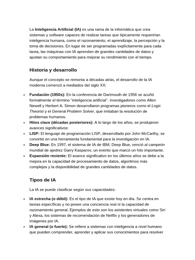 Historia y Tipos de Inteligencia Artificial | PDF